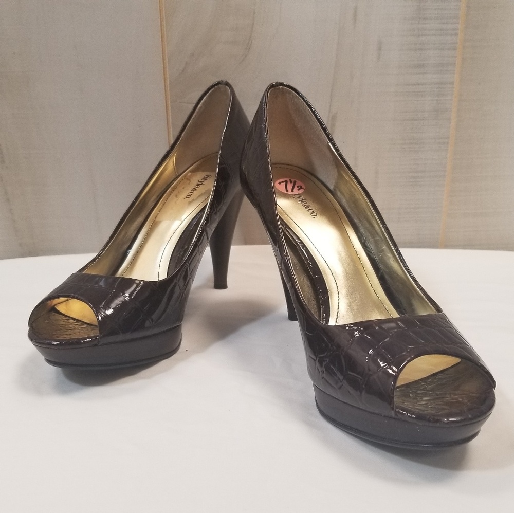 Style & Co Brown Celine Patent Peep Toe Heels 7.5